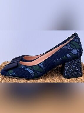 J. Crew Women’s Celia Jacquard Glitter Heels Slip On Bow Front Size 8
